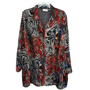 Burnout Velvet Button Up Shirt Womens 1X Abstract Sheer Blouse Lightweight